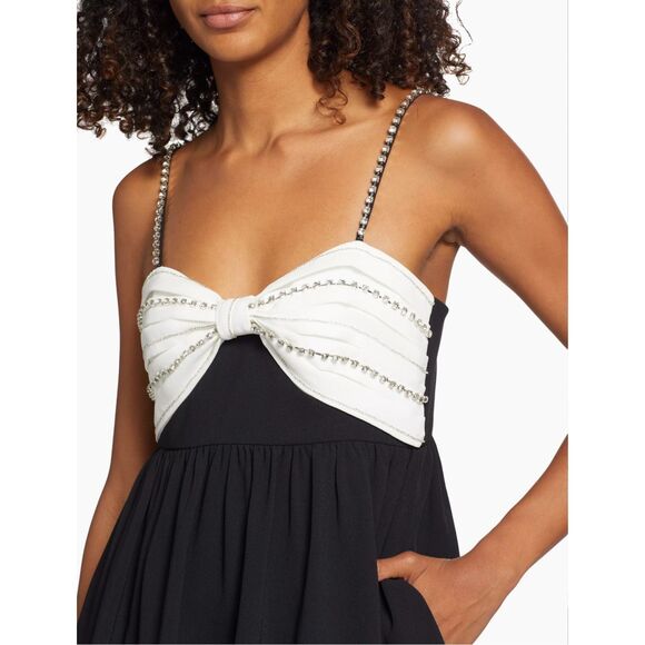 NWT Self-Portrait Crepe Embellished Two-Tone Mini Dress With White Bow Black 10 - Picture 3 of 9